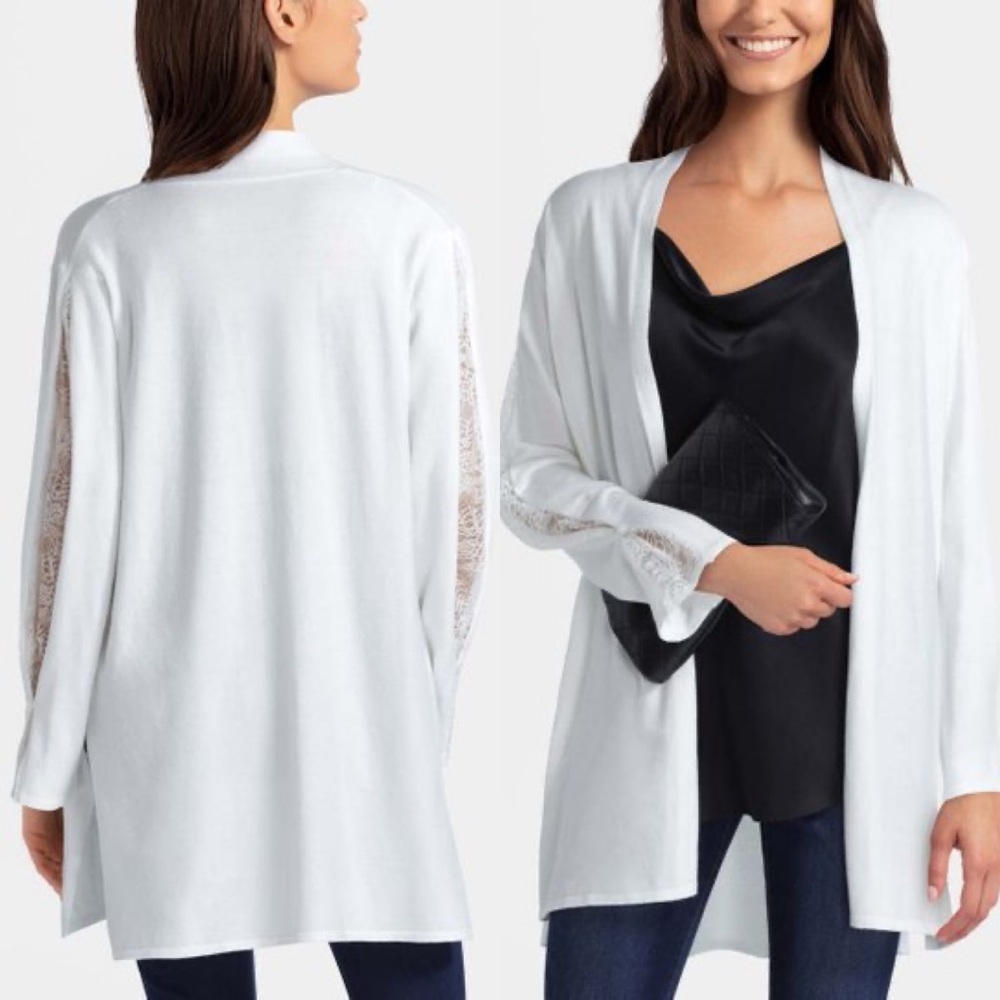 H BY HALSTON Chalk Lace-Accent Open Cardigan NWT XS